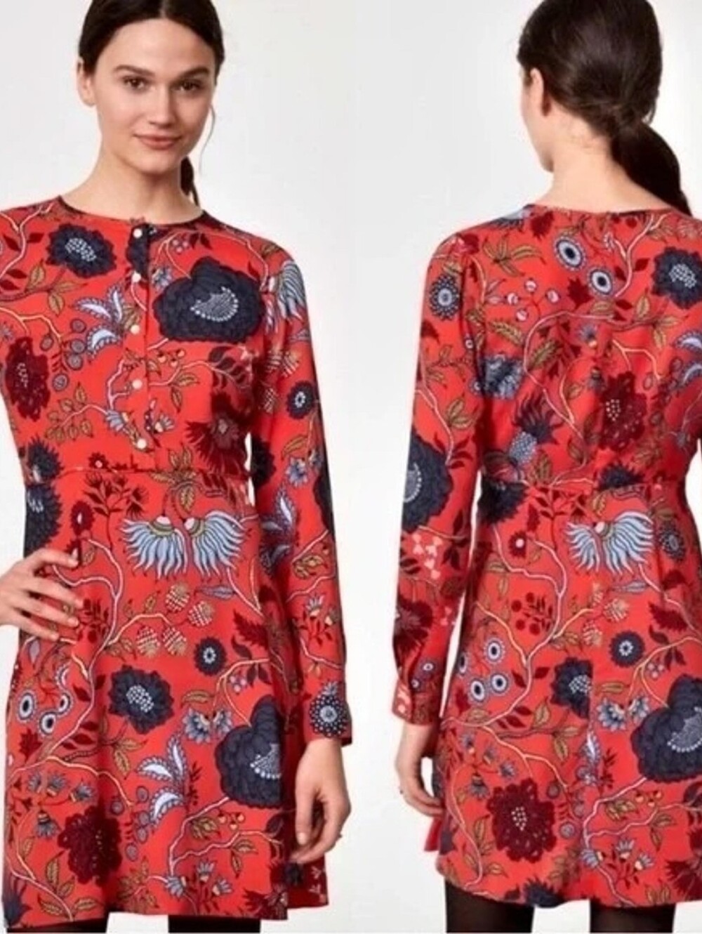 LOFT Primavera Floral Long Sleeve Dress Red Size 8 Button Front Tunic Shirt Boho